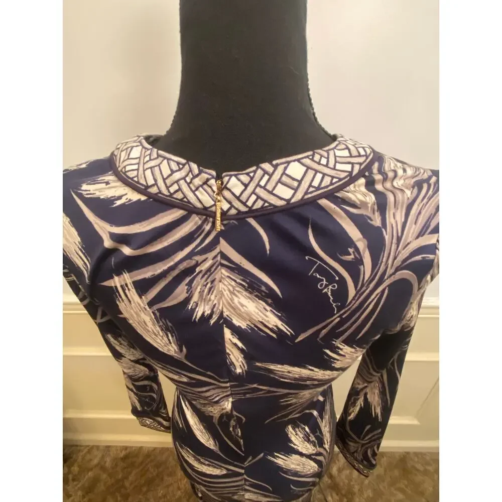 Tory Burch 100% Silk Long Sleeve Feather Boarder Collar Knee Length Dress